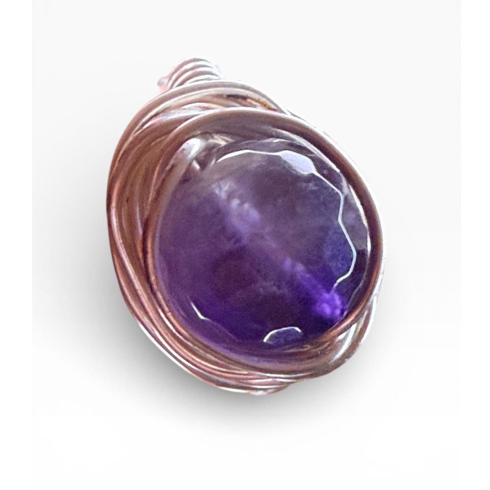 Vintage Wire Wrapped Purple Gemstone Ring Silver Tone Handmade size 5